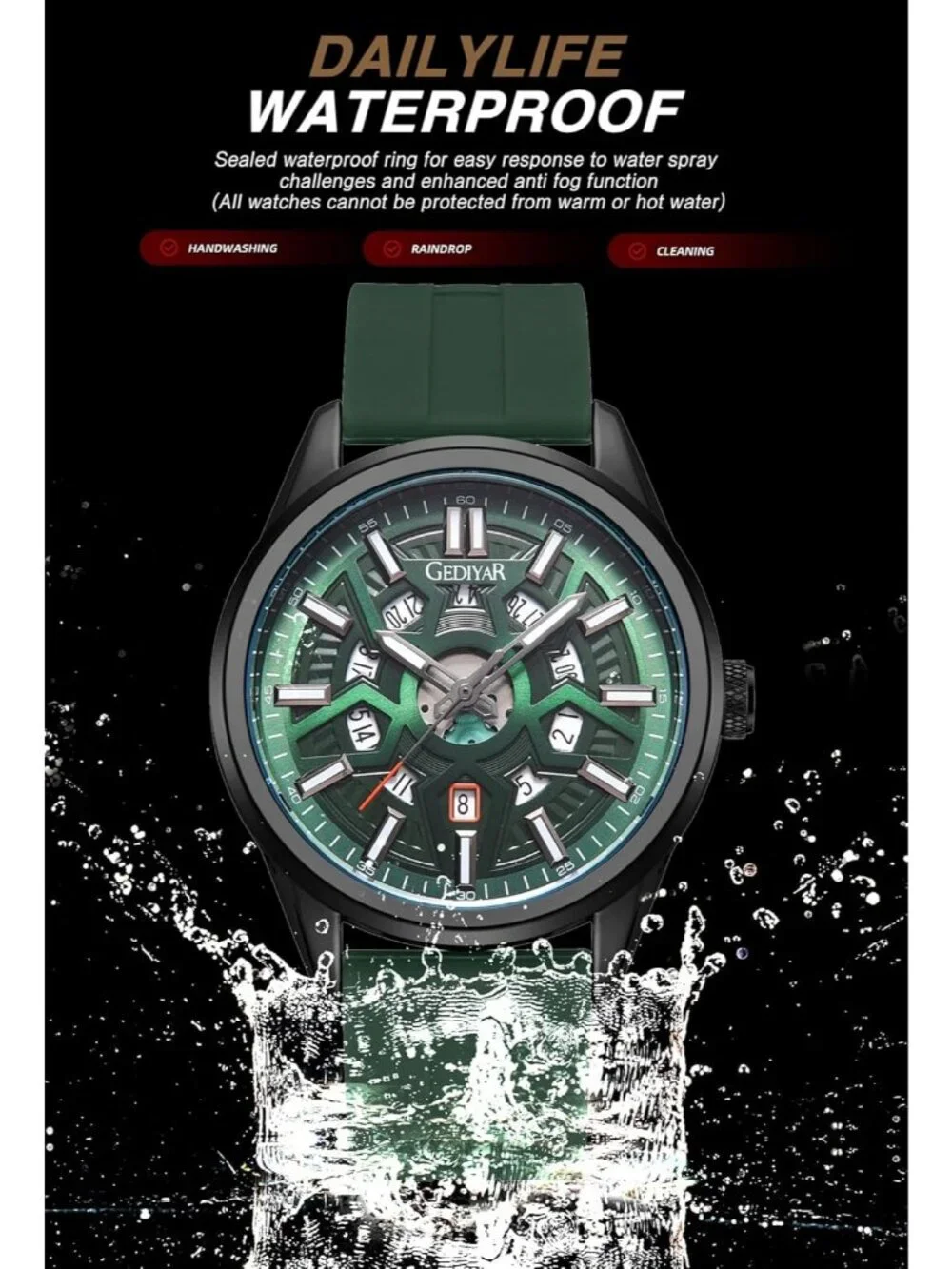 Men's Green Analog Quartz Solid Luxury Casual Calendar Waterproof Wrist Watch
